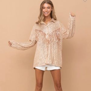 Sequin Fringe Button Up Blouse